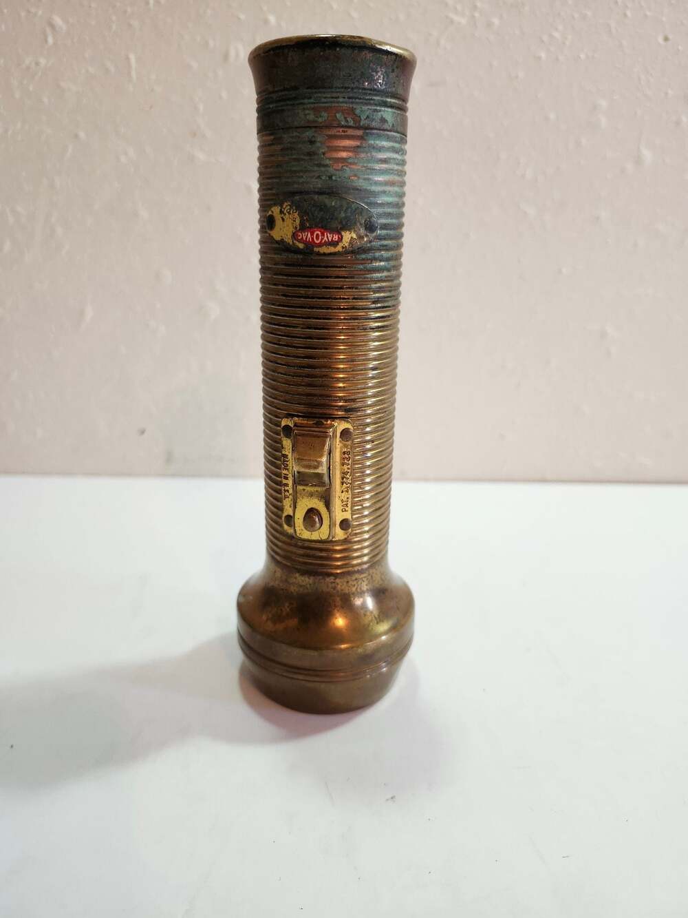 Vintage Ray-O-Vac Ribbed Brass Flashlight with Patina